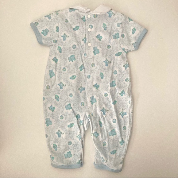 3/$20 My Stars Blue White Embroidered Bear Toys Print Collared Romper Outfit - Picture 3 of 4